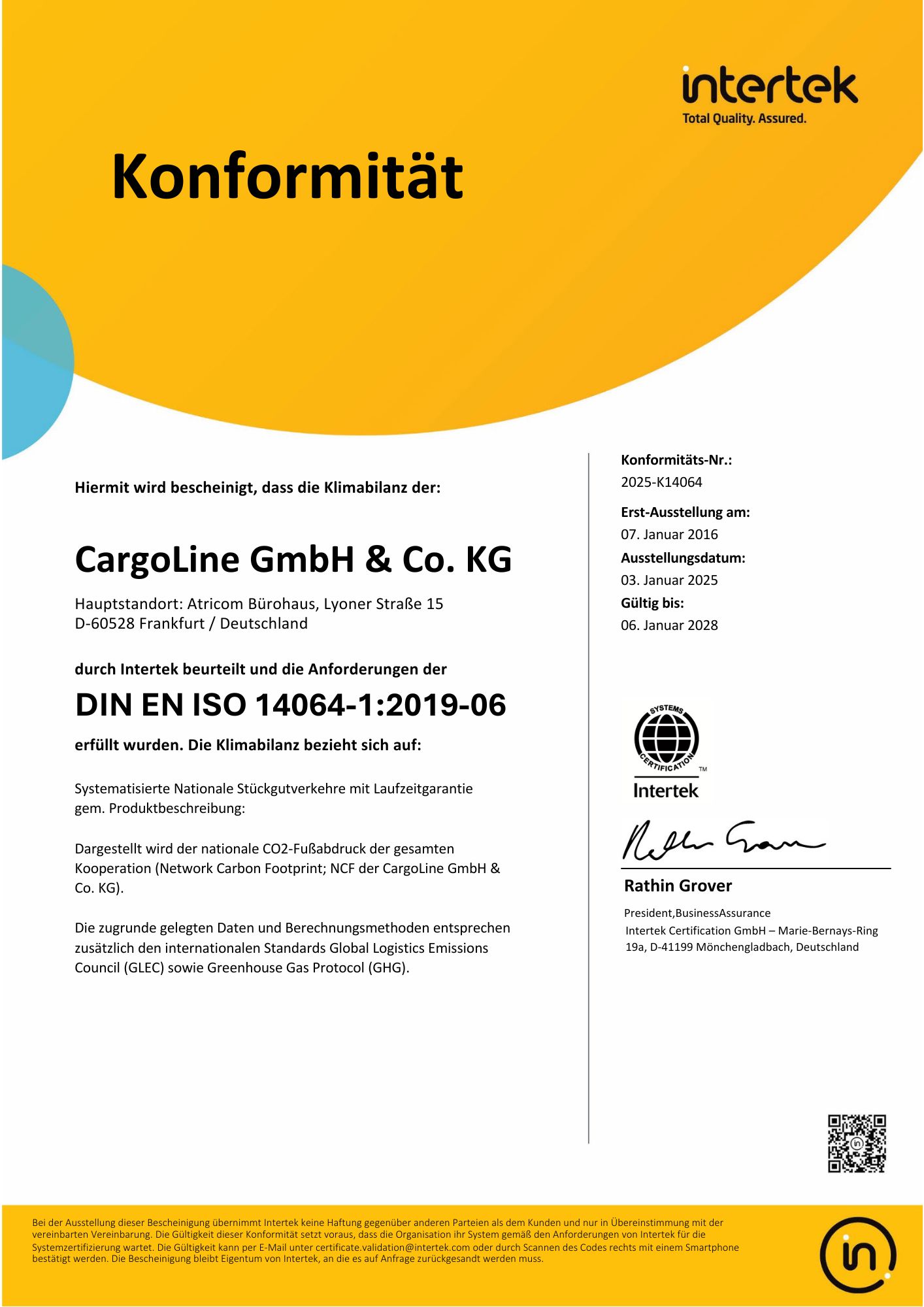 Zertifikat Intertek DIN EN ISO 14064-1